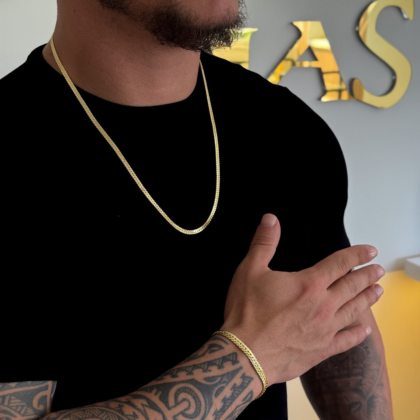 Kit Corrente e Pulseira Grumet Flat Detalhada Banhado A Ouro 18k