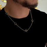 Kit Brinco e Corrente Elo Português Trevo Ônix Banhado A Ouro 18k
