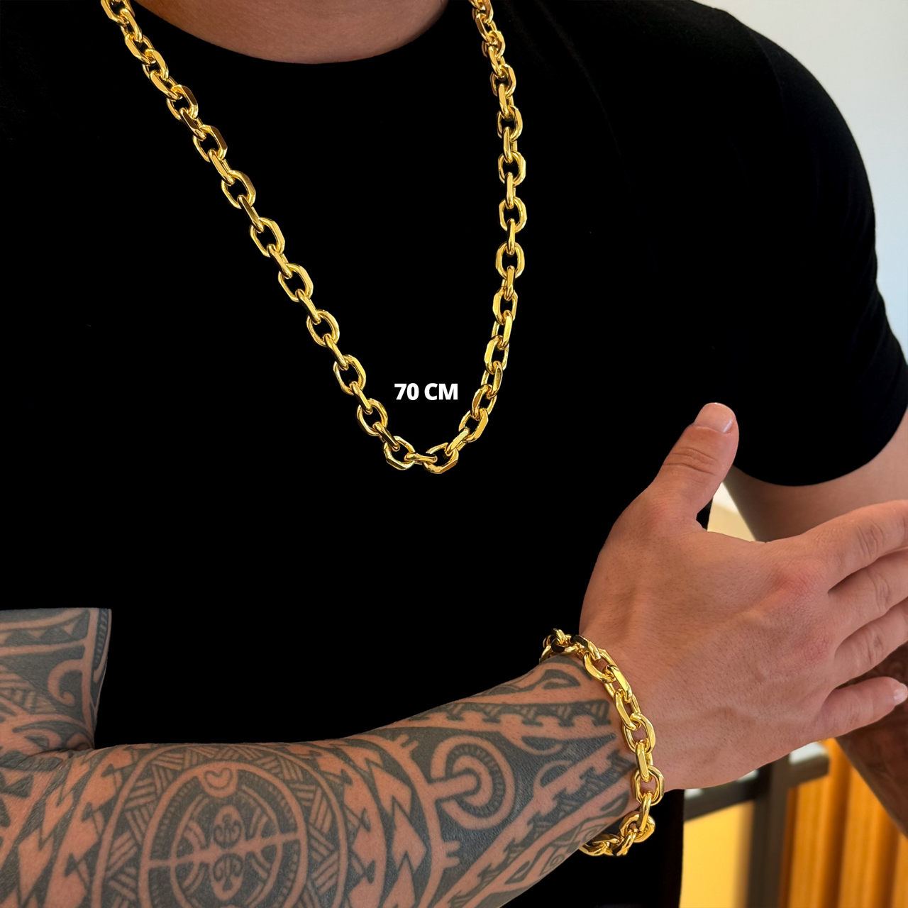 Kit Corrente e Pulseira Cadeado 12mm Fecho Duplo Banhado A Ouro 18k