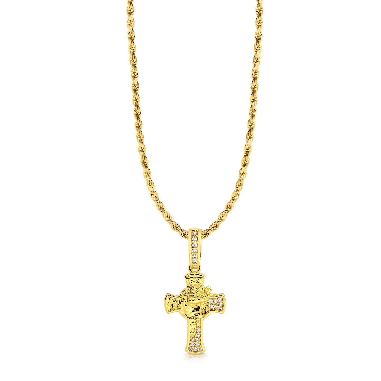 Colar Crucifixo Face De Cristo Detalhado Cravejado P - Corrente Baiana Banhado A Ouro 18k