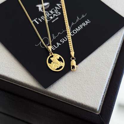 Colar Plaquinha Oval São Jorge Vazado - Corrente Grumet e Pulseira Grumet Flat Banhado A Ouro 18k