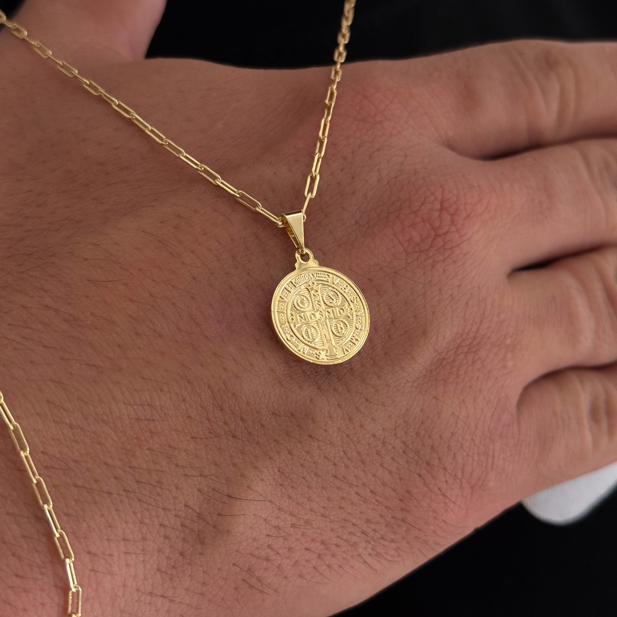 Colar Medalha De São Bento - Corrente e Pulseira Cadeado Alongado Banhado A Ouro 18k
