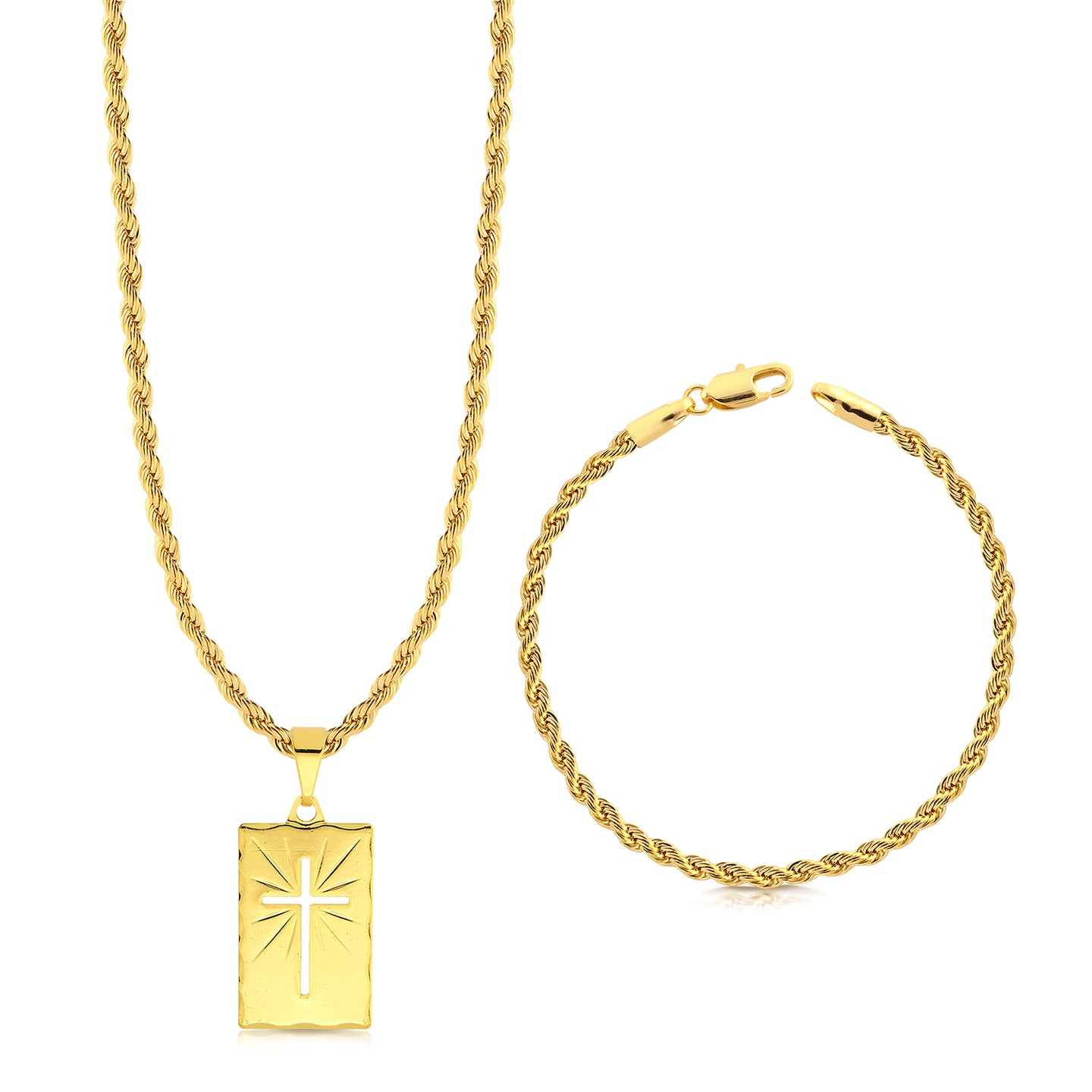 Colar Plaquinha Crucifixo Vazado - Corrente e Pulseira Baiana Banhado A Ouro 18k