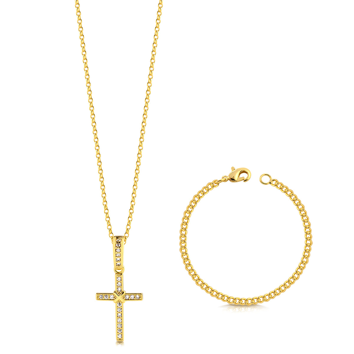 Colar Crucifixo Amarrado - Corrente Elo Português e Pulseira Grumet Cuban Banhado A Ouro 18k