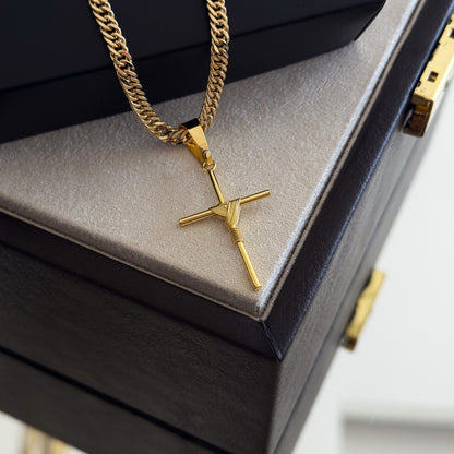 Colar Crucifixo Palito M - Corrente Lacraia 4mm Banhado A Ouro 18k