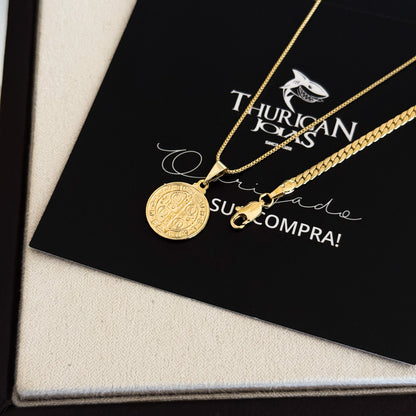 Colar Medalha De São Bento - Corrente Veneziana e Pulseira Grumet Flat Banhado A Ouro 18k
