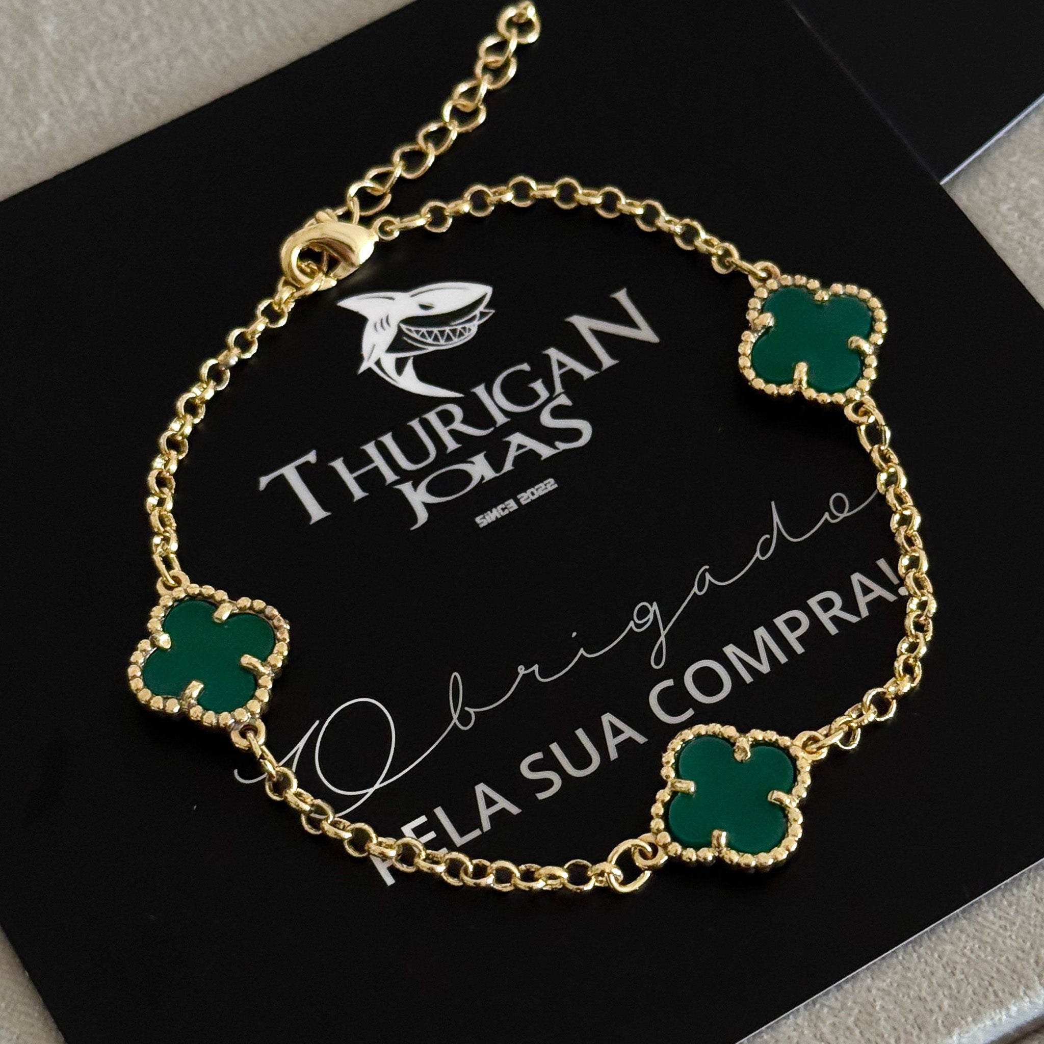 Pulseira Elo Português 2mm Trevo Esmeralda  Banhado A Ouro 18k