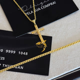 Colar Crucifixo Jesus Na Cruz - Corrente Cadeado e Pulseira Grumet Flat Banhado A Ouro 18k