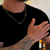 Kit Corrente e Pulseira Elo Português 2mm Trevo Ônix Banhado A Ouro 18k