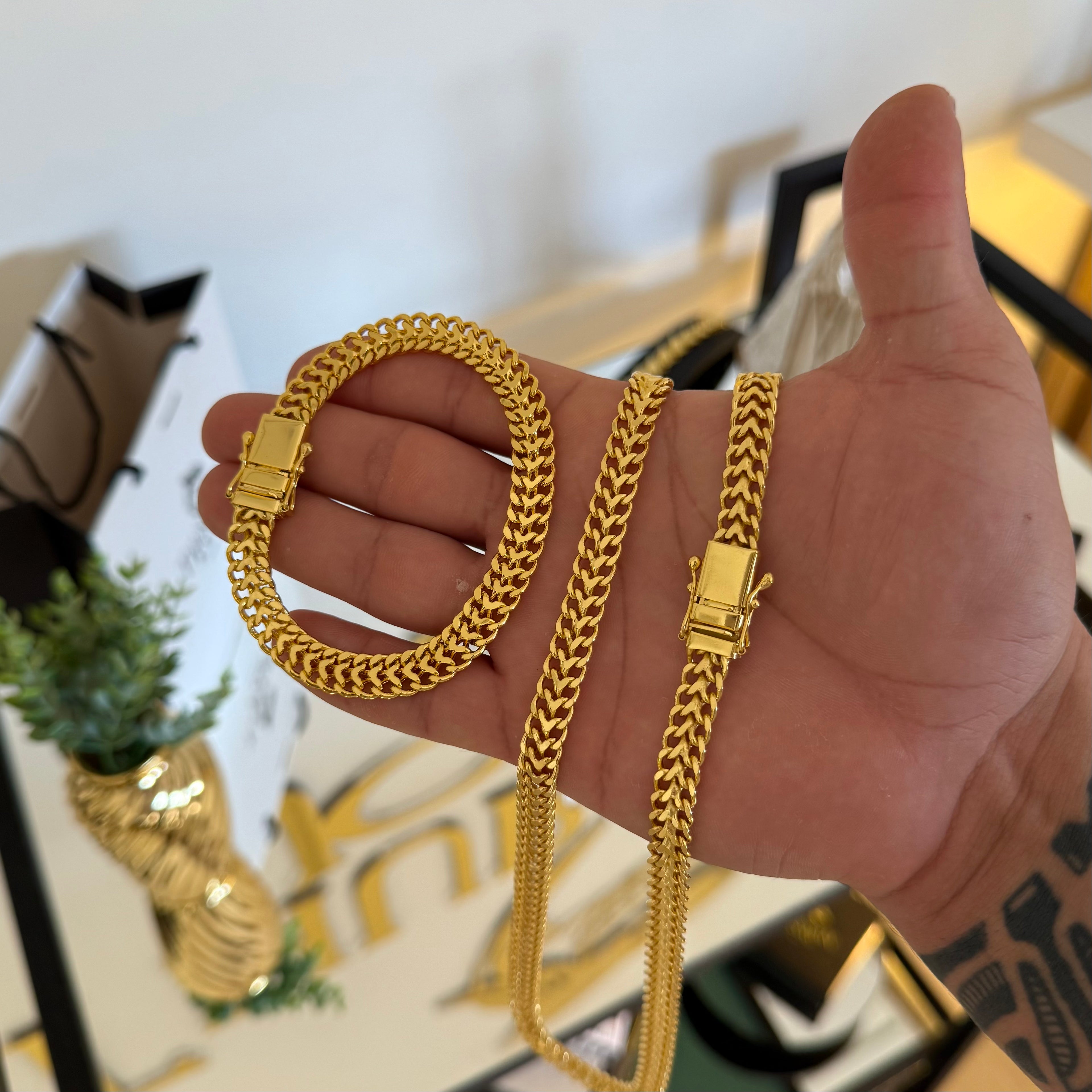 Kit Corrente e Pulseira Grumet Dupla 9mm Fecho Duplo Banhado A Ouro 18k