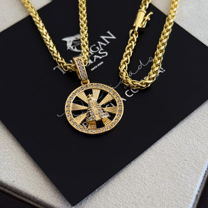 Colar Medalha N. Sra. Aparecida Vazado Cravejado P - Corrente e Pulseira Palmeira Banhado A Ouro 18k