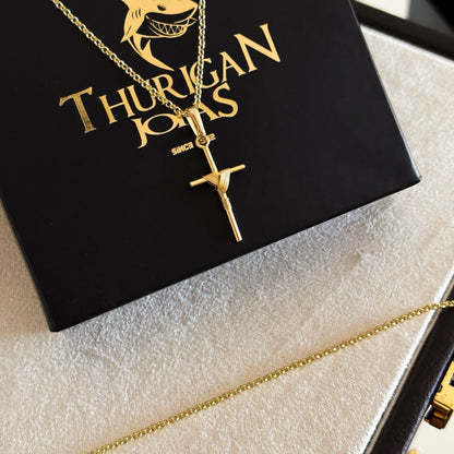 Colar Crucifixo Palito P - Corrente e Pulseira Elo Português Banhado A Ouro 18k