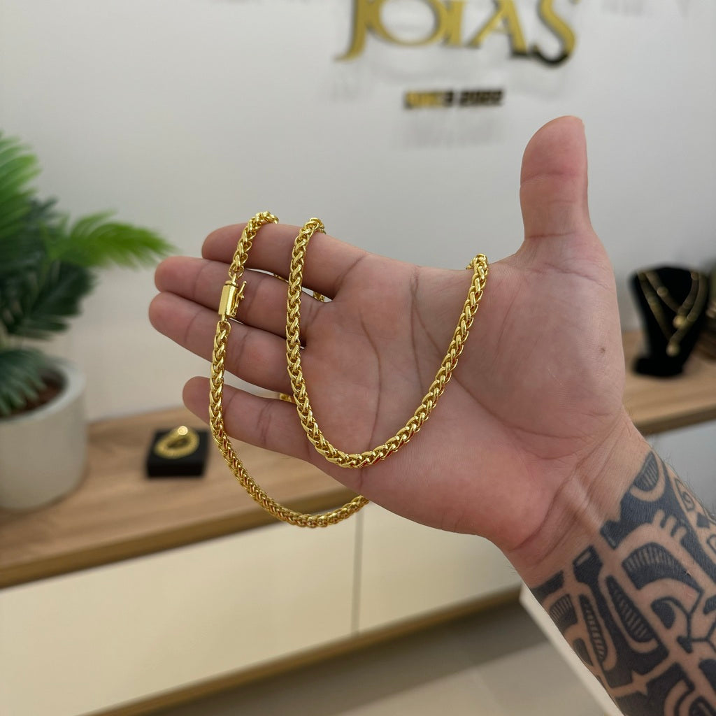 Kit Corrente e Pulseira Palmeira 5mm Fecho Bomba Banhado A Ouro 18k