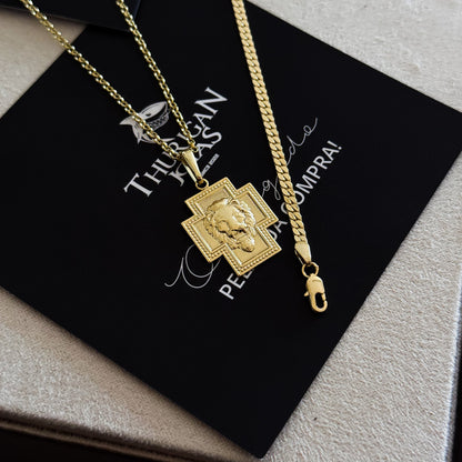 Colar Crucifixo Leão de Judá - Corrente Elo Português e Pulseira Grumet Flat 3mm Banhado A Ouro 18k