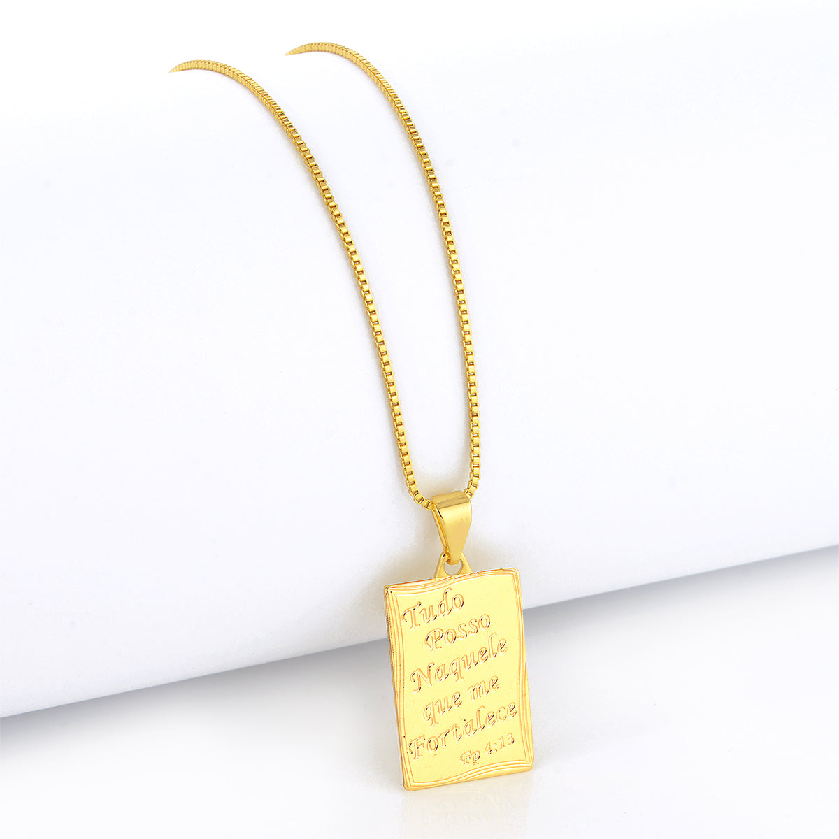 Pingente Plaquinha Tudo Posso Naquele Que Me Fortalece 2,5X2cm Banhado A Ouro 18k