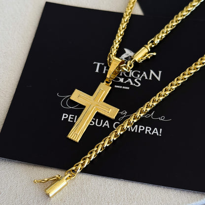Colar Crucifixo Em Alto Relevo - Corrente e Pulseira Palmeira Banhado A Ouro 18k