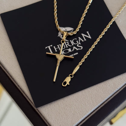 Colar Crucifixo Palito M - Corrente e Pulseira Baiana Banhado A Ouro 18k