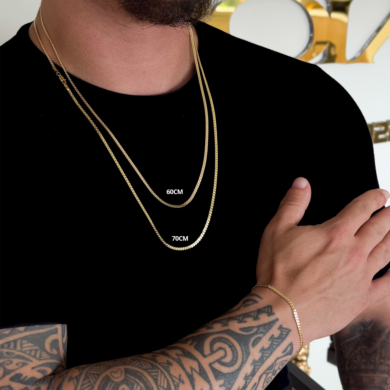 Kit Corrente e Pulseira Grumet Flat 3mm Fecho Lagosta Banhado A Ouro 18k