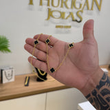 Corrente Elo Português 2mm Trevo Ônix Banhado A Ouro 18k