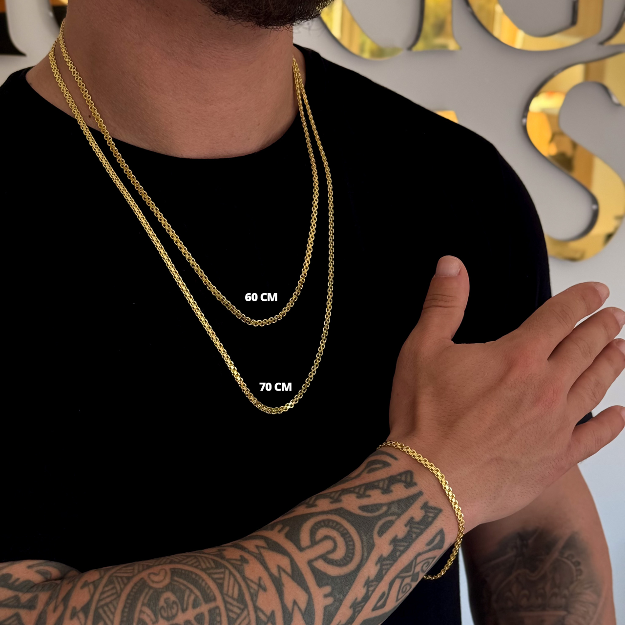 Kit Corrente e Pulseira Cadeado Duplo 4mm Fecho Duplo Banhado A Ouro 18k