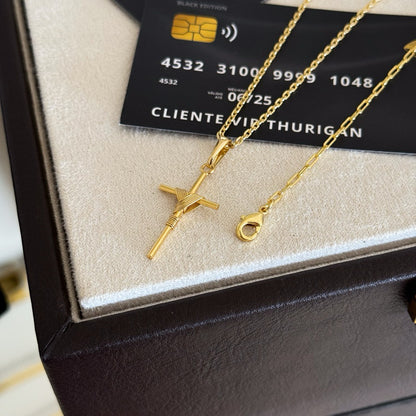 Colar Crucifixo Palito P - Corrente Cadeado e Pulseira Cadeado Alongado Banhado A Ouro 18k