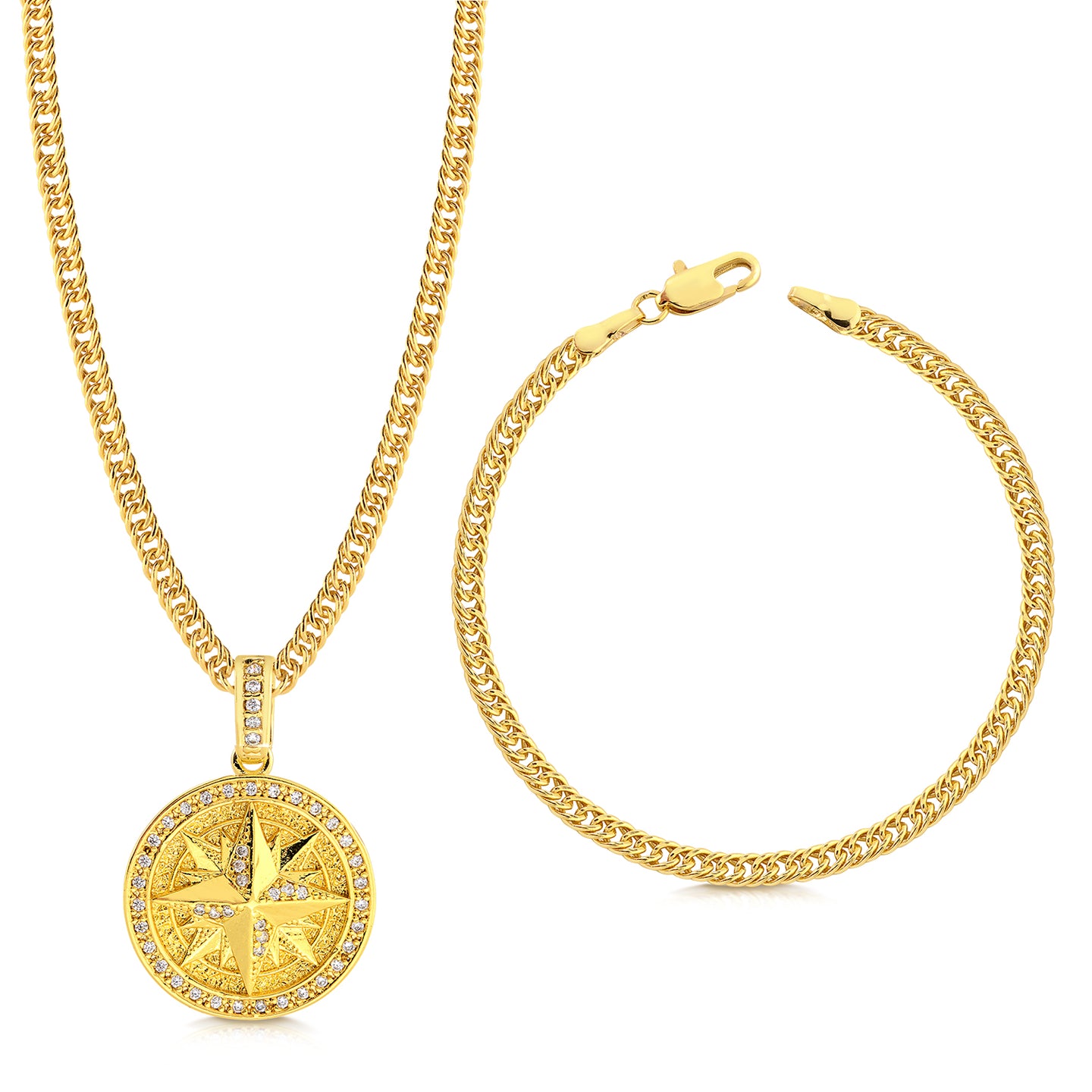 Colar Medalha Rosa Dos Ventos Cravejado P - Corrente e Pulseira Lacraia Banhado A Ouro 18k