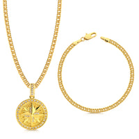 Colar Medalha Rosa Dos Ventos Cravejado P - Corrente e Pulseira Lacraia Banhado A Ouro 18k