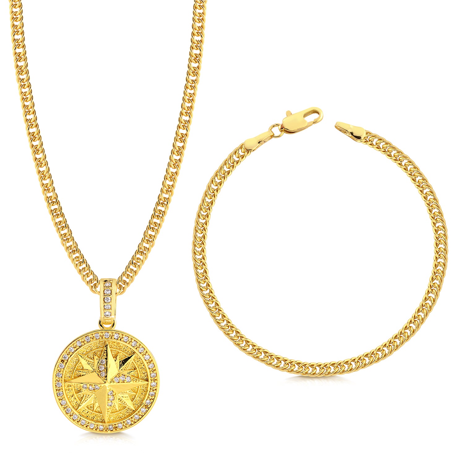 Colar Medalha Rosa Dos Ventos Cravejado P - Corrente e Pulseira Lacraia Banhado A Ouro 18k