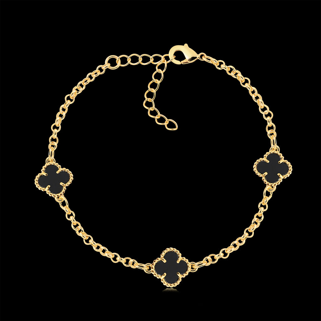 Kit Corrente e Pulseira Elo Português 2mm Trevo Ônix Banhado A Ouro 18k