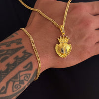 Colar Coração N. Sra. Aparecida Cravejado P - Corrente e Pulseira Lacraia Banhado A Ouro 18k