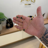 Kit Corrente e Pulseira Elo Português 2mm Trevo Ônix Banhado A Ouro 18k