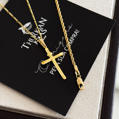 Colar Crucifixo Palito Liso Inri - Corrente 3 Por 1 Fígaro e Pulseira Baiana Banhado A Ouro 18k