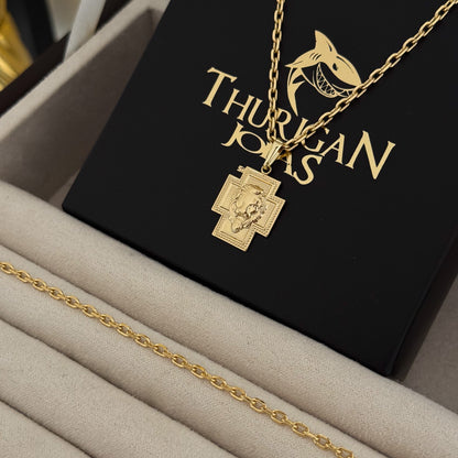 Colar Crucifixo Leão Judá - Corrente e Pulseira Cadeado 2mm Banhado A Ouro 18k