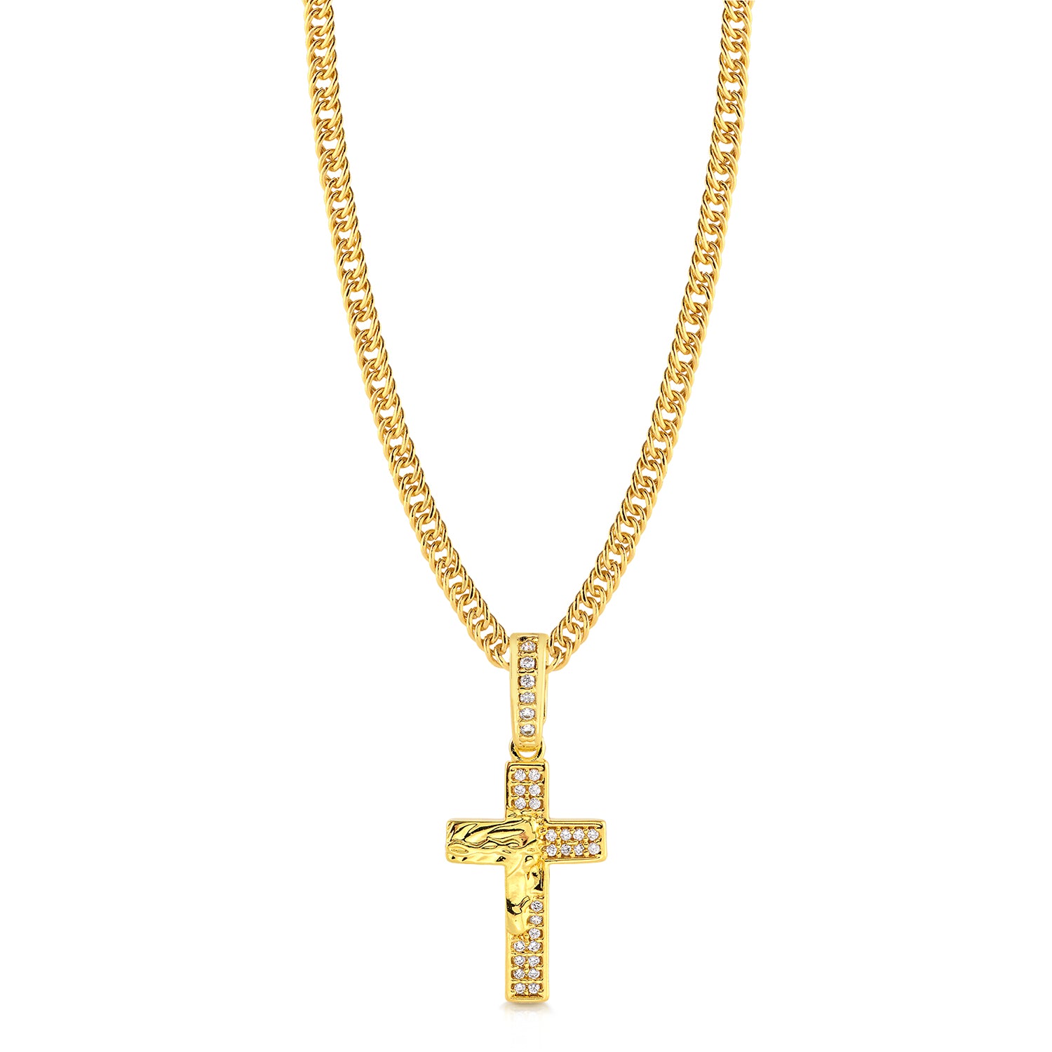 Colar Crucifixo Face De Cristo Cravejado P - Corrente Lacraia Banhado A Ouro 18k