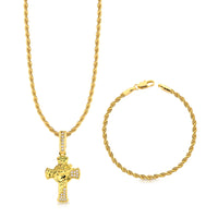 Colar Crucifixo Face De Cristo Detalhado Cravejado P - Corrente e Pulseira Baiana Banhado A Ouro 18k