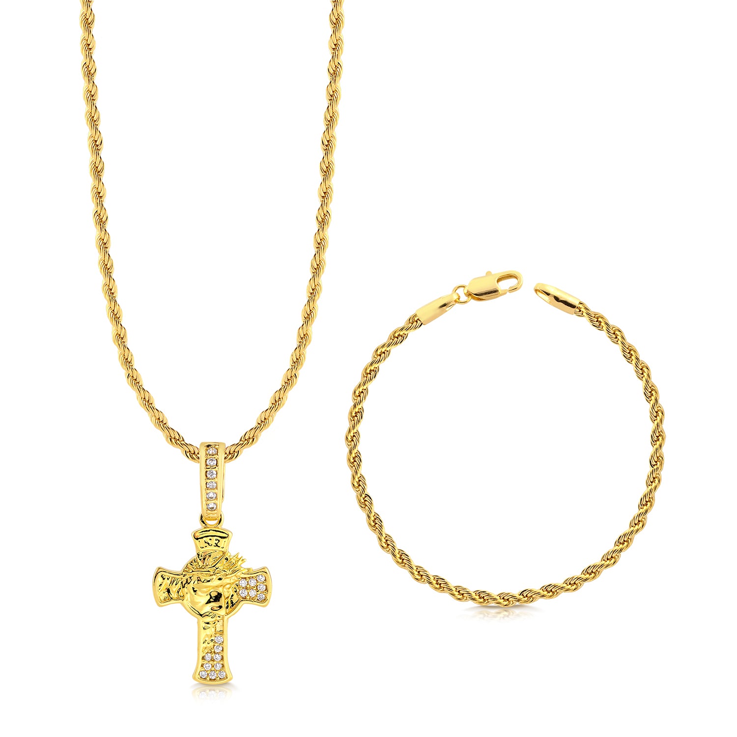 Colar Crucifixo Face De Cristo Detalhado Cravejado P - Corrente e Pulseira Baiana Banhado A Ouro 18k