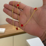 Kit Corrente e Pulseira Elo Português 2mm Trevo Rubi Banhado A Ouro 18k