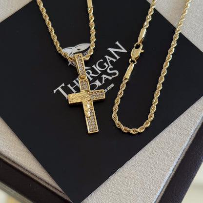 Colar Crucifixo Face De Cristo Cravejado P - Corrente e Pulseira Baiana Banhado A Ouro 18k