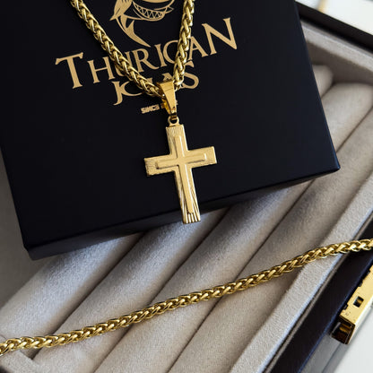Colar Crucifixo Em Alto Relevo - Corrente e Pulseira Palmeira Banhado A Ouro 18k