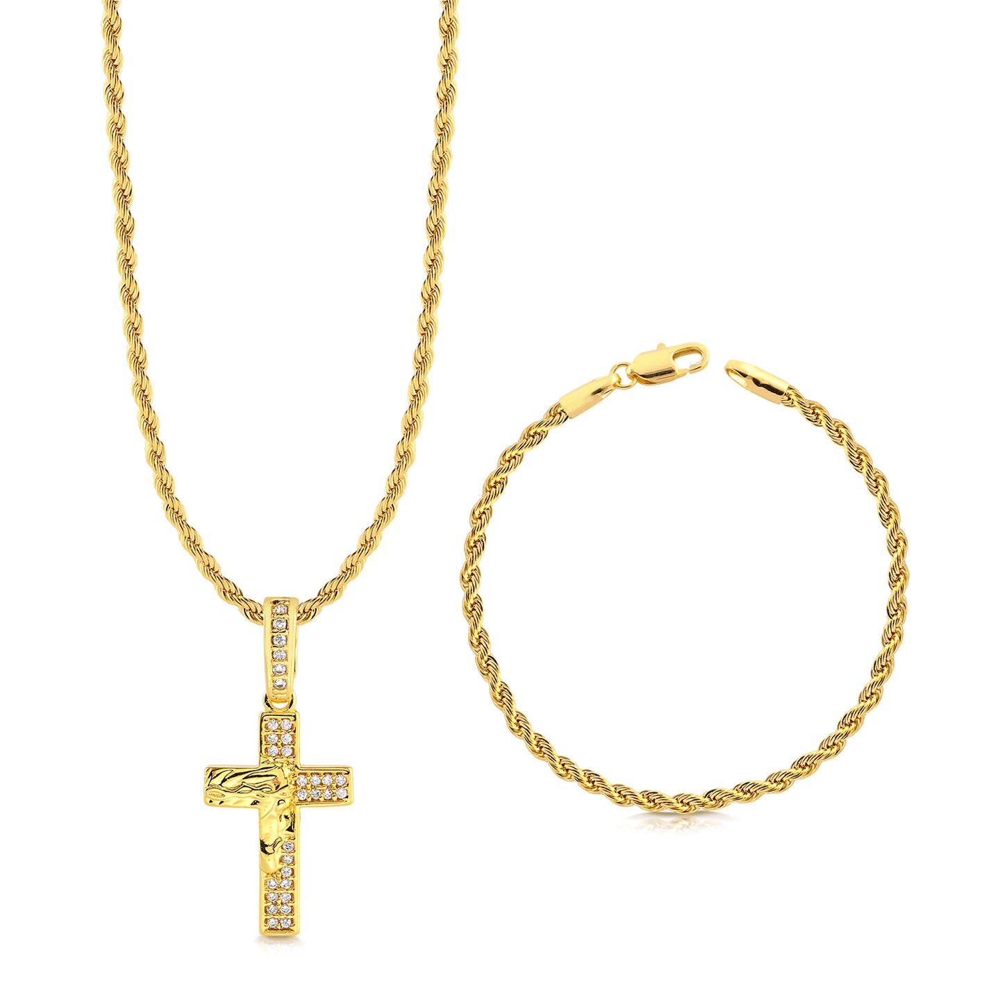 Colar Crucifixo Face De Cristo Cravejado P - Corrente e Pulseira Baiana Banhado A Ouro 18k