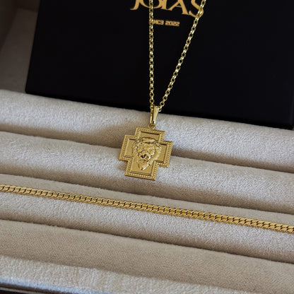 Colar Crucifixo Leão de Judá - Corrente Elo Português e Pulseira Grumet Flat 3mm Banhado A Ouro 18k