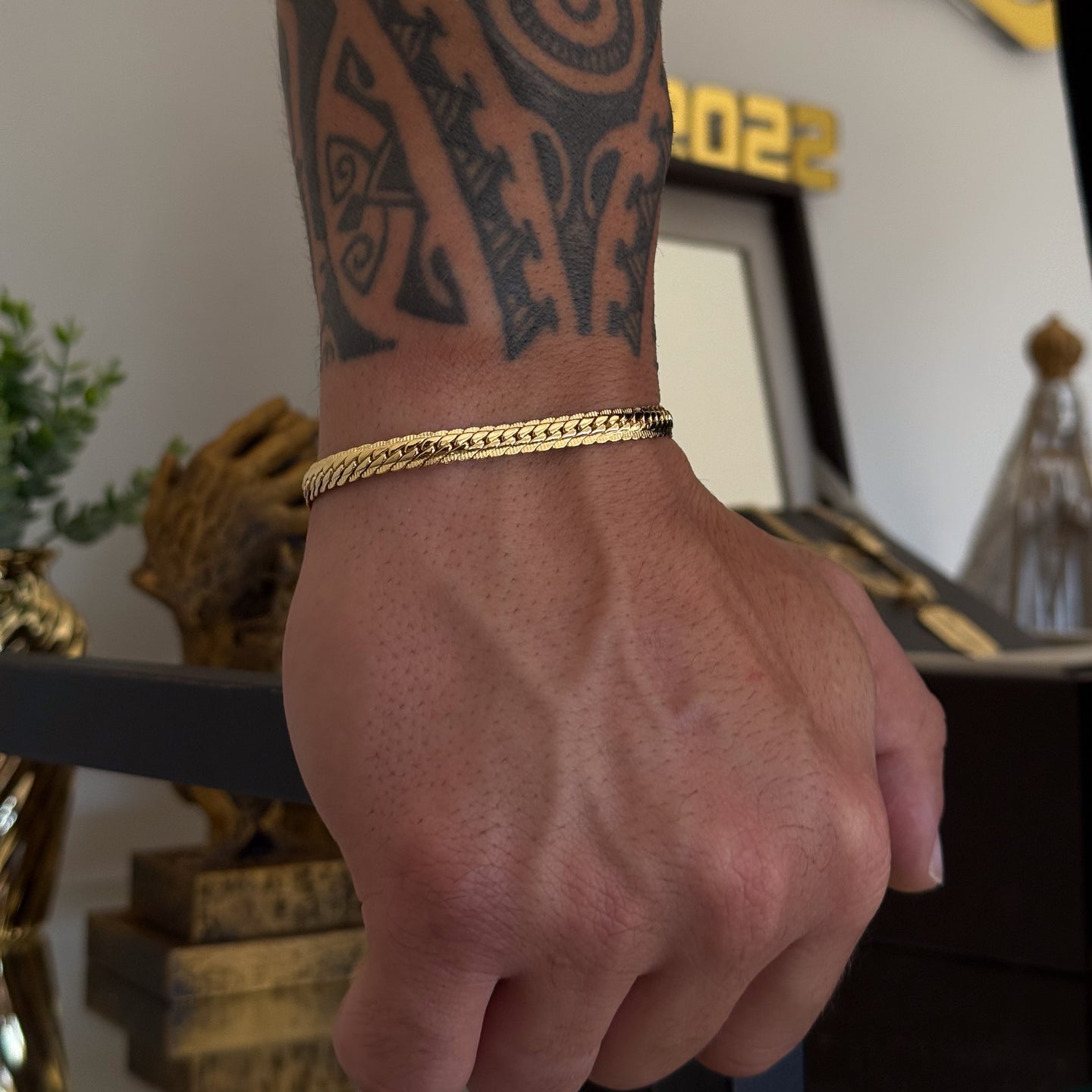 Pulseira Grumet Flat Detalhada 6mm 18gr Fecho Duplo Banhado A Ouro 18k