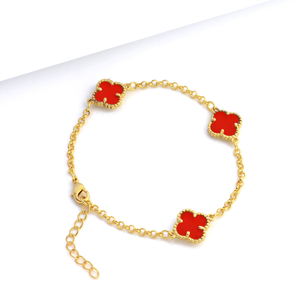 Pulseira Elo Português 2mm Trevo Rubi  Banhado A Ouro 18k