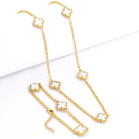 Kit Corrente e Pulseira Elo Português 2mm Trevo Safira Banhado A Ouro 18k