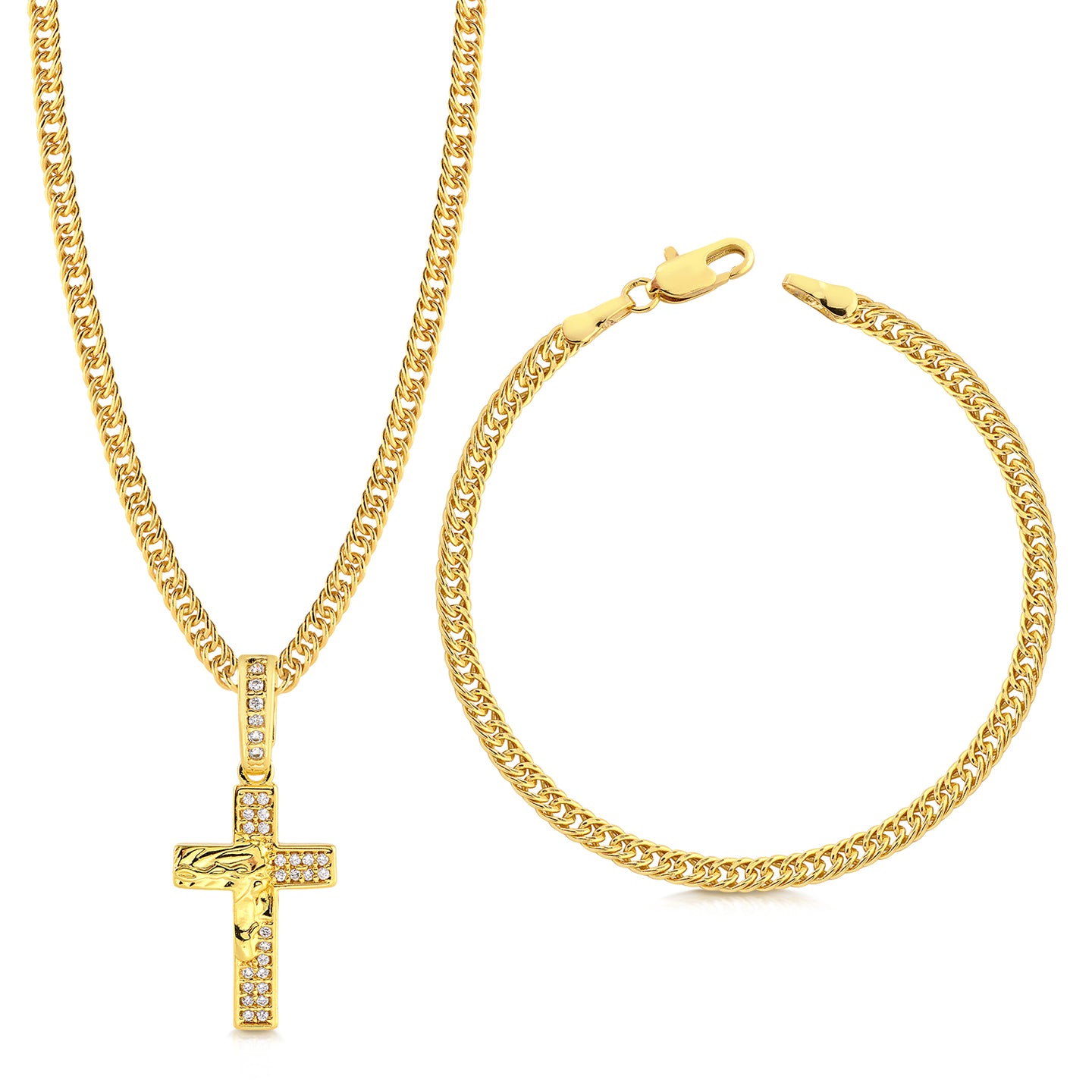 Colar Crucifixo Face De Cristo Cravejado P - Corrente e Pulseira Lacraia Banhado A Ouro 18k