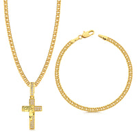 Colar Crucifixo Face De Cristo Cravejado P - Corrente e Pulseira Lacraia Banhado A Ouro 18k