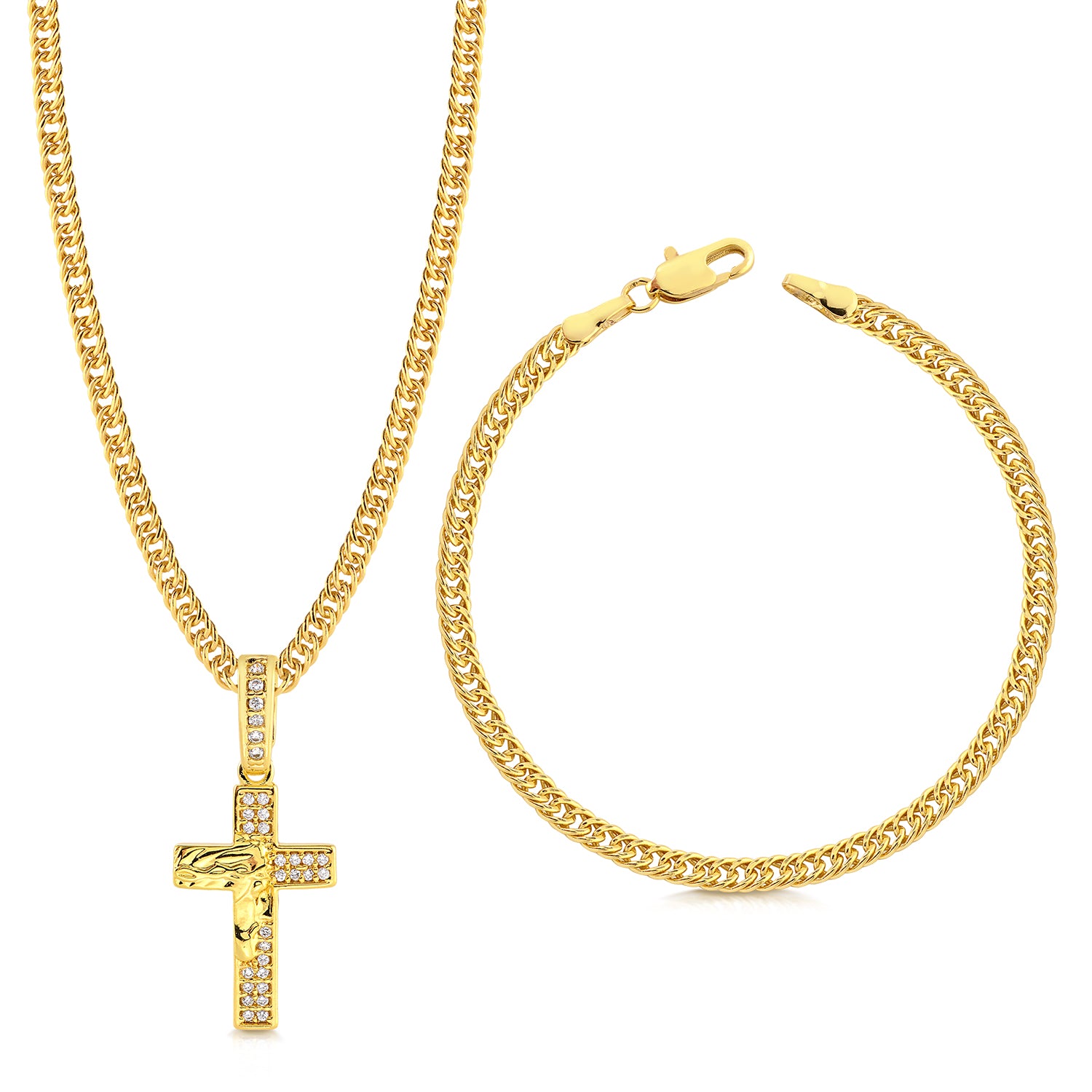 Colar Crucifixo Face De Cristo Cravejado P - Corrente e Pulseira Lacraia Banhado A Ouro 18k