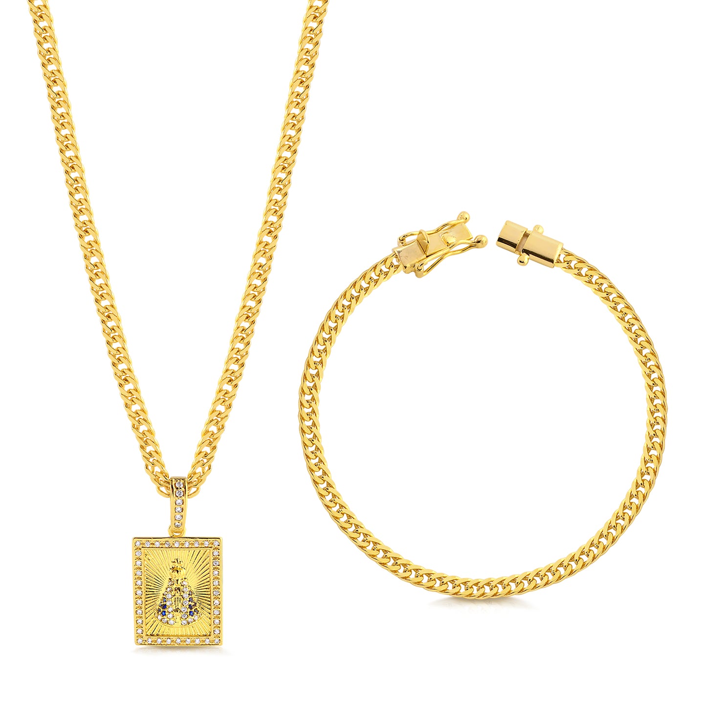 Colar N. Sra. Aparecida Cravejado P - Corrente e Pulseira Lacraia Banhado A Ouro 18k