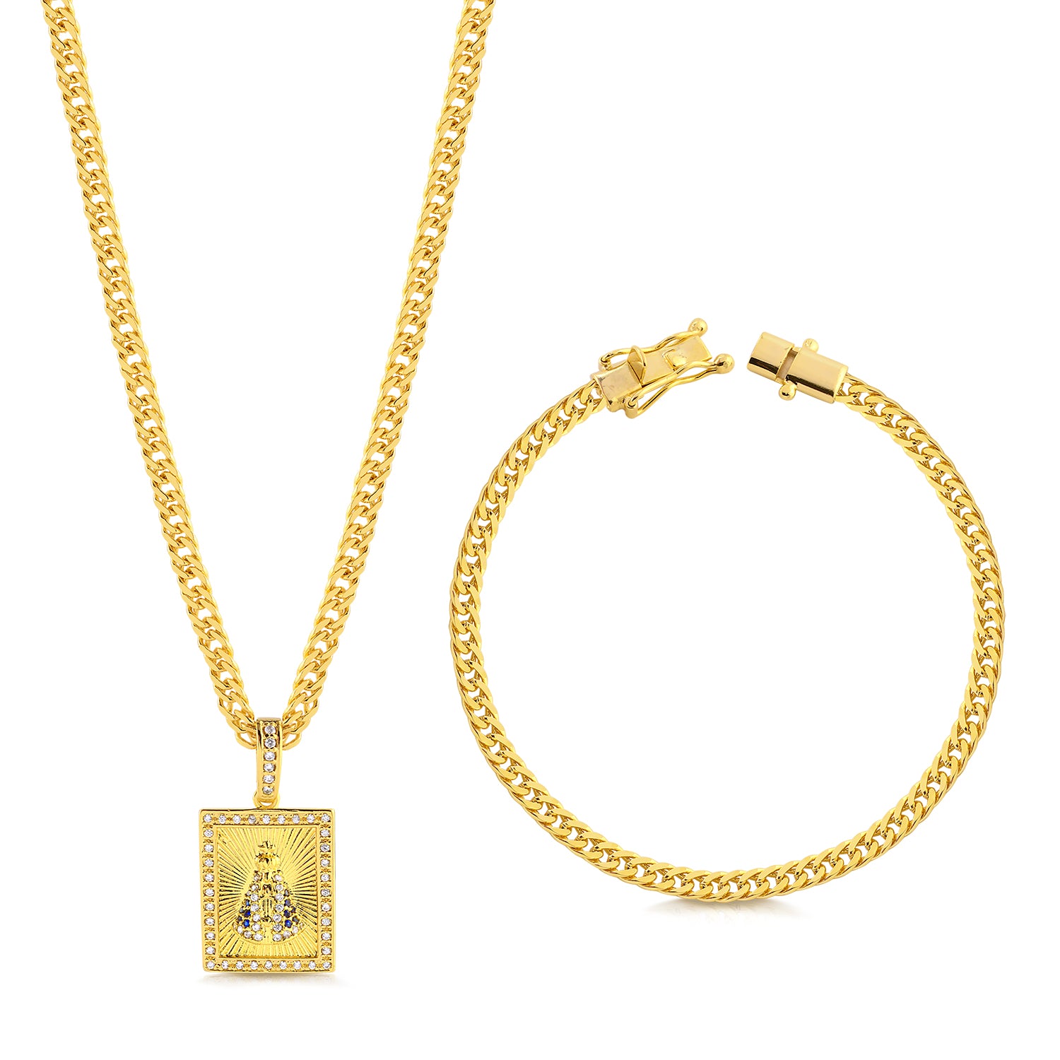 Colar N. Sra. Aparecida Cravejado P - Corrente e Pulseira Lacraia Banhado A Ouro 18k