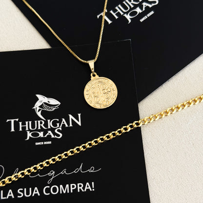 Colar Medalha De São Bento - Corrente Veneziana e Pulseira Grumet Banhado A Ouro 18k